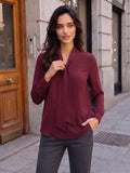 Women’s Elegant Crepe Bow-Neck Full Sleeve Blouse – Solid Maroon Formal Top