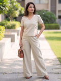Women's Two Piece Set, Cream, V-Neck Top with Wide Leg Trousers, Short Sleeve