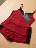 Women's Maroon Lace Trim Camisole & Shorts Nightwear Set ( 194 )
