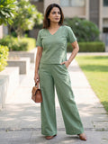 Women's Two Piece Set, Light Green, V-Neck Top with Wide Leg Trousers, Short Sleeve