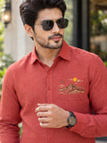 Men's Red Textured Mountain Embroidery Poly Cotton Full-Sleeve Casual Shirt