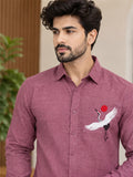 Men's Maroon Crane Embroidered Poly Cotton Full-Sleeve Casual Shirt