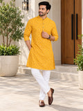 Vida Loca Men’s Yellow Printed Cotton Blend Kurta with Mandarin Collar