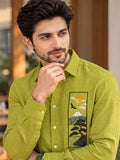 Men's Lime Green Mountain Landscape Embroidered Poly Cotton Full-Sleeve Casual Shirt