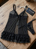 Women's Black Sheer Babydoll Lingerie Set with Ruffle Hem & Matching Panty ( 016 )