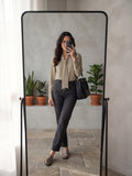 Women’s Elegant Grey Crepe Bow-Tie Neck Full Sleeve Formal Top
