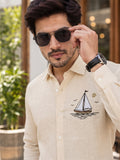 Men's Cream Beige Sailboat Embroidered Poly Cotton Full-Sleeve Casual Shirt