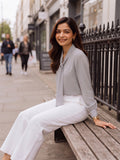 Women’s Elegant Crepe Bow Neck Full Sleeve Top – Solid Light Grey Formal Blouse