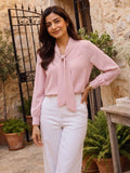 Women’s Elegant Crepe Tie-Neck Full Sleeve Blouse – Stylish Baby Pink Office & Casual Wear Top