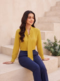 Women’s Elegant Yellow Crepe Bow-Tie Neck Full Sleeve Formal Top