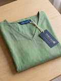 Women's Two Piece Set, Light Green, V-Neck Top with Wide Leg Trousers, Short Sleeve