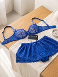 Women’s Blue Lace Lingerie Set | Sheer Floral Lace Bra & Shorts Nightwear Set (129)