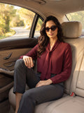Women’s Elegant Crepe Bow-Neck Full Sleeve Blouse – Solid Maroon Formal Top