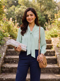 Women’s Elegant Crepe Tie-Neck Full Sleeve Blouse – Stylish Office & Casual Wear Top