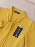 Women’s Elegant Yellow Crepe Bow-Tie Neck Full Sleeve Formal Top