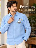 Men's Sky Blue Sailboat Embroidered Poly Cotton Full-Sleeve Casual Shirt