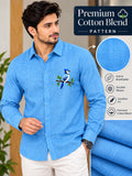 Men's Sky Blue Poly Cotton Full Sleeve Shirt with Bird Embroidery