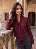 Women’s Elegant Crepe Bow-Neck Full Sleeve Blouse – Solid Maroon Formal Top