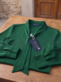 Women’s Elegant Green Crepe Bow-Tie Neck Full Sleeve Formal Top