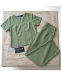 Women's Two Piece Set, Light Green, V-Neck Top with Wide Leg Trousers, Short Sleeve