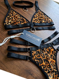 Women's Leopard Print Strappy Lingerie Set with Choker & Ring Detail ( 416)