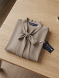 Women’s Elegant Grey Crepe Bow-Tie Neck Full Sleeve Formal Top