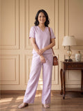 Women's Two Piece Set, Purple, V-Neck Top with Wide Leg Trousers, Short Sleeve