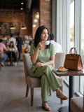 Women's Two Piece Set, Light Green, V-Neck Top with Wide Leg Trousers, Short Sleeve