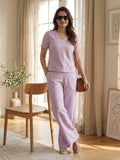 Women's Two Piece Set, Purple, V-Neck Top with Wide Leg Trousers, Short Sleeve