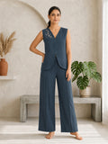 Women’s Linen Co-Ord Set with Embroidered V-Neck Sleeveless Top & Wide-Leg Pants – Navy Blue