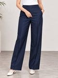 Women’s Navy Blue Cotton Twill High-Waist Wide-Leg Trousers