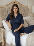 Women’s Navy Blue Linen Co-Ord Lounge Set with Relaxed Fit Shirt & Straight Pants