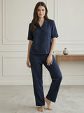 Women’s Navy Blue Linen Co-Ord Lounge Set with Relaxed Fit Shirt & Straight Pants