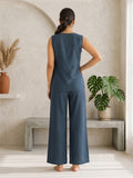 Women’s Linen Co-Ord Set with Embroidered V-Neck Sleeveless Top & Wide-Leg Pants – Navy Blue