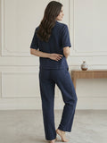 Women’s Navy Blue Linen Co-Ord Lounge Set with Relaxed Fit Shirt & Straight Pants