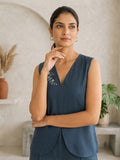 Women’s Linen Co-Ord Set with Embroidered V-Neck Sleeveless Top & Wide-Leg Pants – Navy Blue