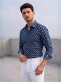 Men’s Navy Blue Printed Cotton Full Sleeve Casual Shirt