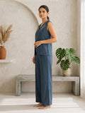 Women’s Linen Co-Ord Set with Embroidered V-Neck Sleeveless Top & Wide-Leg Pants – Navy Blue