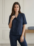Women’s Navy Blue Linen Co-Ord Lounge Set with Relaxed Fit Shirt & Straight Pants
