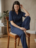 Women’s Navy Blue Linen Co-Ord Lounge Set with Relaxed Fit Shirt & Straight Pants