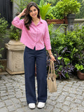 Women’s Navy Blue Cotton Twill High-Waist Wide-Leg Trousers