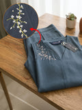 Women’s Linen Co-Ord Set with Embroidered V-Neck Sleeveless Top & Wide-Leg Pants – Navy Blue