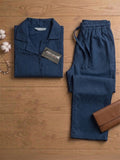 Women’s Navy Blue Linen Co-Ord Lounge Set with Relaxed Fit Shirt & Straight Pants