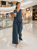 Women’s Linen Co-Ord Set with Embroidered V-Neck Sleeveless Top & Wide-Leg Pants – Navy Blue