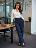 Women’s Navy Blue Cotton Twill High-Waist Wide-Leg Trousers