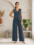 Women’s Linen Co-Ord Set with Embroidered V-Neck Sleeveless Top & Wide-Leg Pants – Navy Blue
