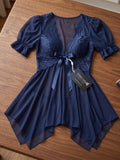 Women’s  Sheer Babydoll Nightdress with Lace Bodice and Puff Sleeves
