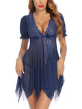 Women’s  Sheer Babydoll Nightdress with Lace Bodice and Puff Sleeves