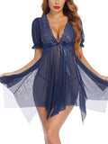 Women’s  Sheer Babydoll Nightdress with Lace Bodice and Puff Sleeves