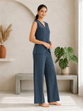 Women’s Linen Co-Ord Set with Embroidered V-Neck Sleeveless Top & Wide-Leg Pants – Navy Blue